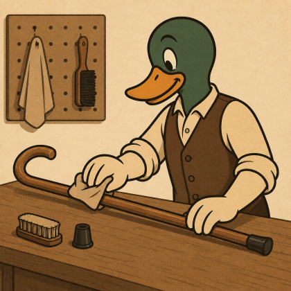 Mein-Gehstock Entenmascotte pflegt einen Holzgehstock an einer Werkbank
