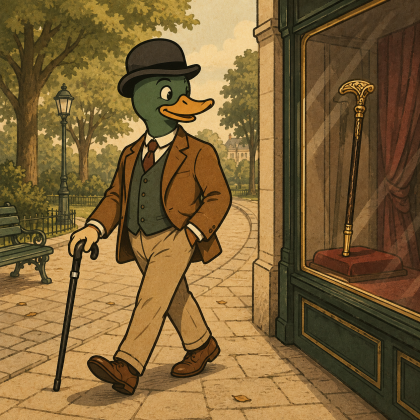 Mein-Gehstock Entenmascotte vergleicht einen eleganten Spazierstock und einen stützenden Gehstock