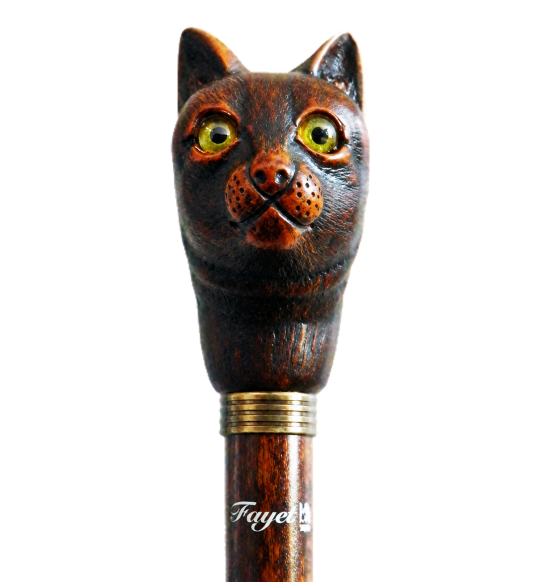 Fayet Katzenkopf-Stock 2244 mit braunem Kunstharzgriff, grünen Augen und dunklem Buchenholzschaft