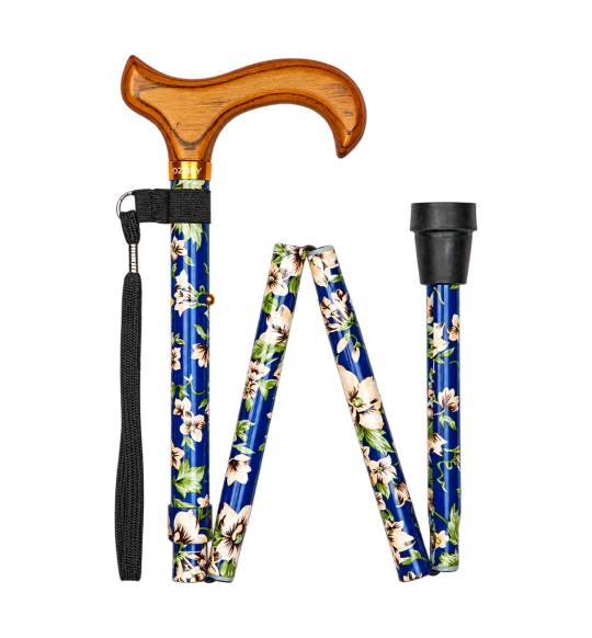 Faltstock William Morris – blaue Blumen und Holzgriff – gefaltete Ansicht, freigestellt