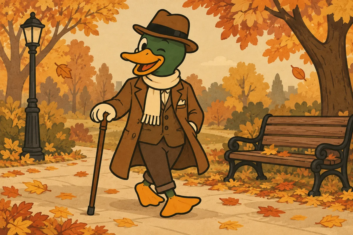 Das Maskottchen geht mit Mantel und Gehstock durch einen herbstlichen Park