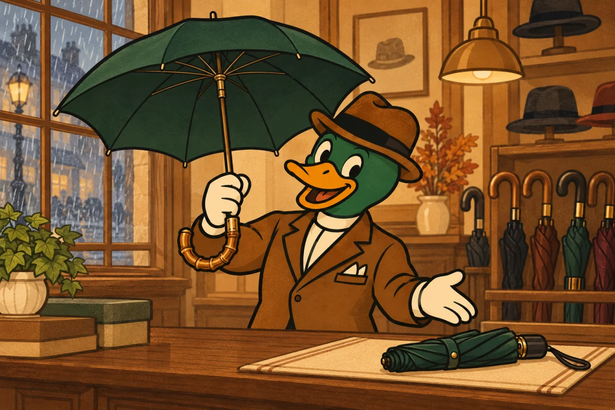 Das Entenmaskottchen präsentiert einen Regenschirm mit Bambusgriff im Fachgeschäft
