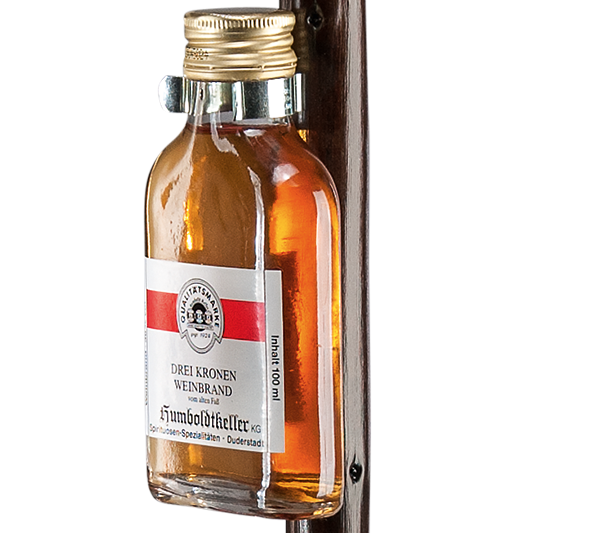 Wanderstock mit Glocke und Flachmann